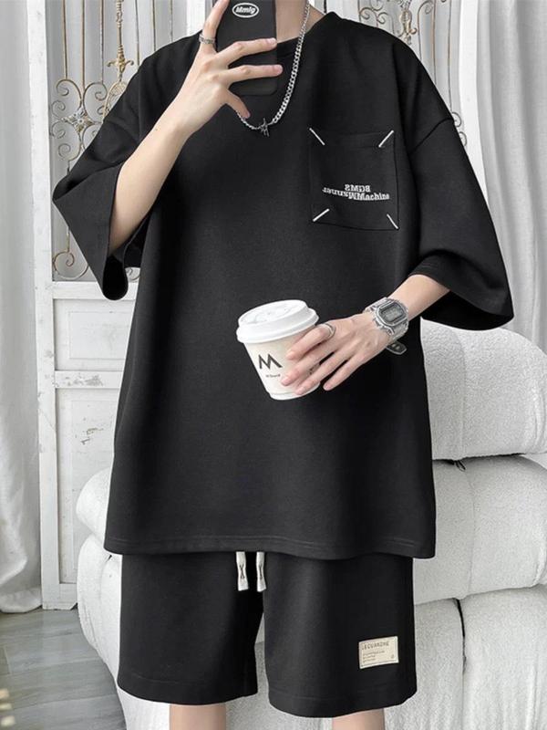 Bộ Thun Nam Cổ Tròn Áo Tay Ngắn Quần Short Thêu Túi Màu Đen
