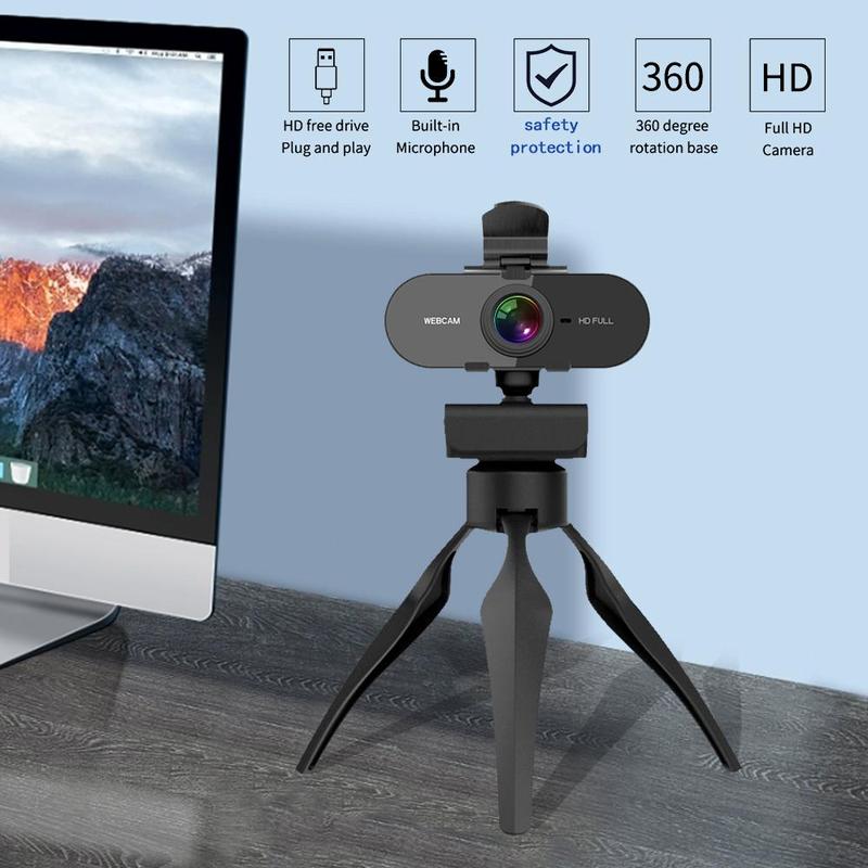1080P HD Webcam, Computer Webcam, PC Webcam with Built-in Microphone, 360-Degree Rotation Triangle Stand Webcam with Privacy Cover 4