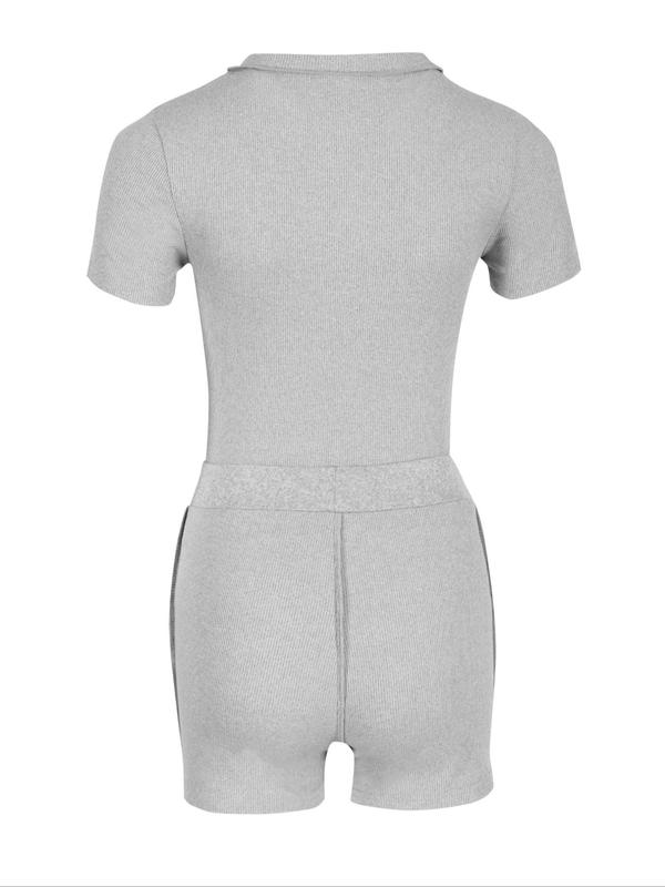 Women's Solid Top-stitching Ribbed Loungewear Set, Summer Clothes, Casual Round Neck Short Sleeve Crop Top & Shorts Pj Set, Summer Sets, Ladies Sleepwear, Summer Wear 2024, Womenswear 6