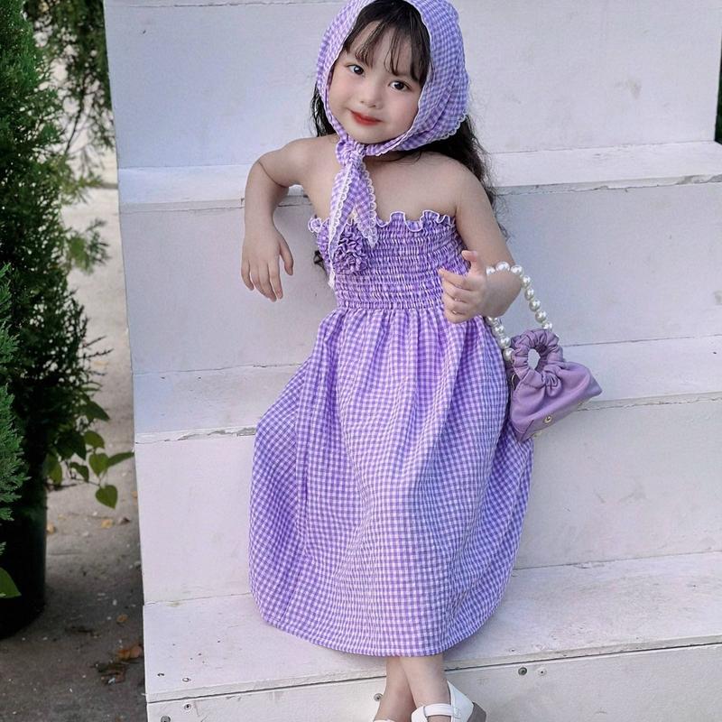 Váy maxi thun smock có cài áo hoa, kèm khăn 5