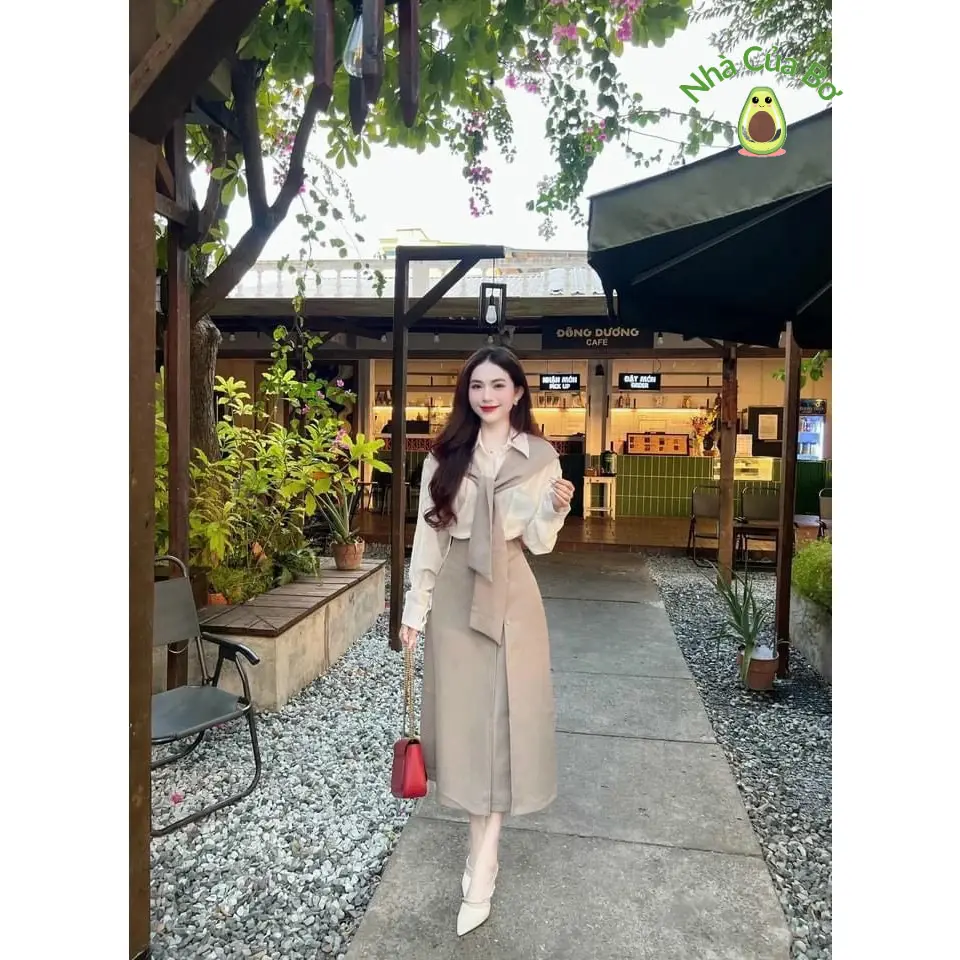 Set váy áo lụa chân váy tuyết mưa thời trang nữ dịu dàng sang trọng cổ sơ mi áo dài tay chân váy dài xẻ tà