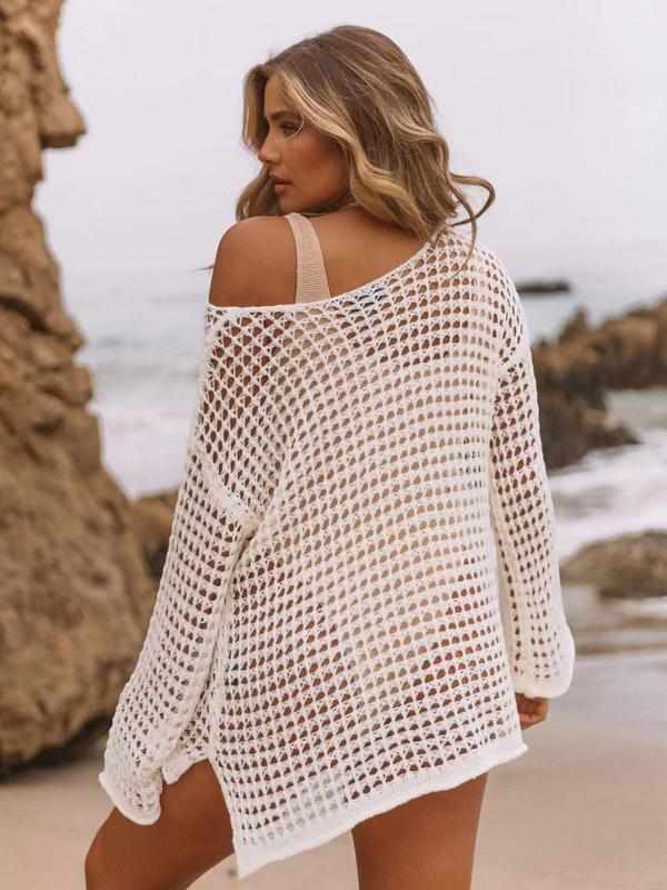 Women's Sexy Hollow Out Asymmetrical Neck Cover Up, Regular Fit Chic Comfort Summer Clothes Long Sleeve Top, Ladies Clothes for Beach Holiday, Womenswear, Beach Cover Ups 1