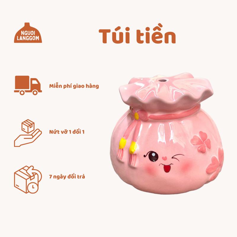 Lỗ tròn MẶT NGẪU NHIÊN Lợn dất heo đất ống heo tiết kiệm decor - Túi Tiền - Bát Tràng