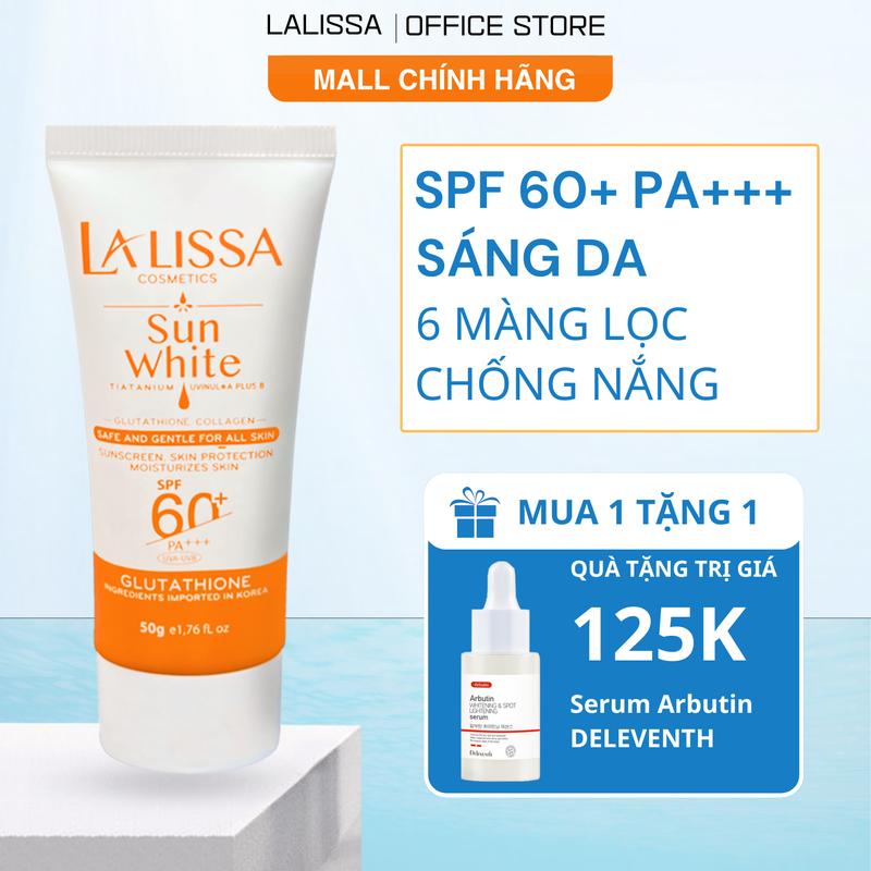 {Mua 1 Tặng 1} Kem chống nắng La Lissa Glutathione hỗ trợ Sáng da, với 6 Màng lọc chống nắng, SPF 60+/PA+++, lai Vật Lý và Hoá Học Nâng tone, tuýp 50g