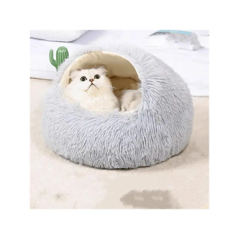 1pc Pet Bed With Hood, Plush Cozy Bed For Cats And Small Dogs, Warm Comfortable Anti-Anxiety Donut Shape Pet Bed, Suitable For Medium And Small Pets 2