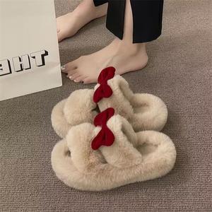 Super cute bow fur slippers for outdoor wear in autumn and winter, plush and warm for student dormitories and offices