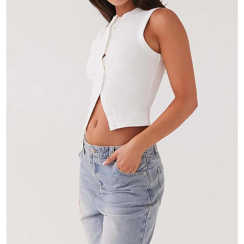 Women's Plain Button Front Ribbed Crop Tank Top, Casual Sleeveless Round Neck Top for Daily Wear, Ladies Clothes for All Seasons, Women's Tops tilly part tube 4
