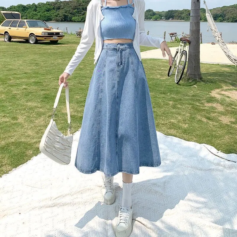 Chân Váy Midi, Dành Cho Nữ, Dài Trung Bình Chân Váy Denim, Xếp Ly, Cạp Cao, Ôm Vừa Vặn, Chữ A, Xếp Nếp, Thích Hợp Cho Mùa Xuân Và Mùa Hè, Hàng Mới Về Năm 2025 Women 0