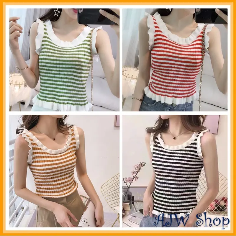 Tanktop Wanita Rajut Salur Premium Import Kekinian Lucu Ri | Tank top Rajut Wanita Korean Style Impor Premium | Atasan Wanita Rajut Import Kekinian Korean Style | Baju Rajut Wanita Import | Kaos Wanita Rajut Korea | Atasan Knit Import Garis Garis