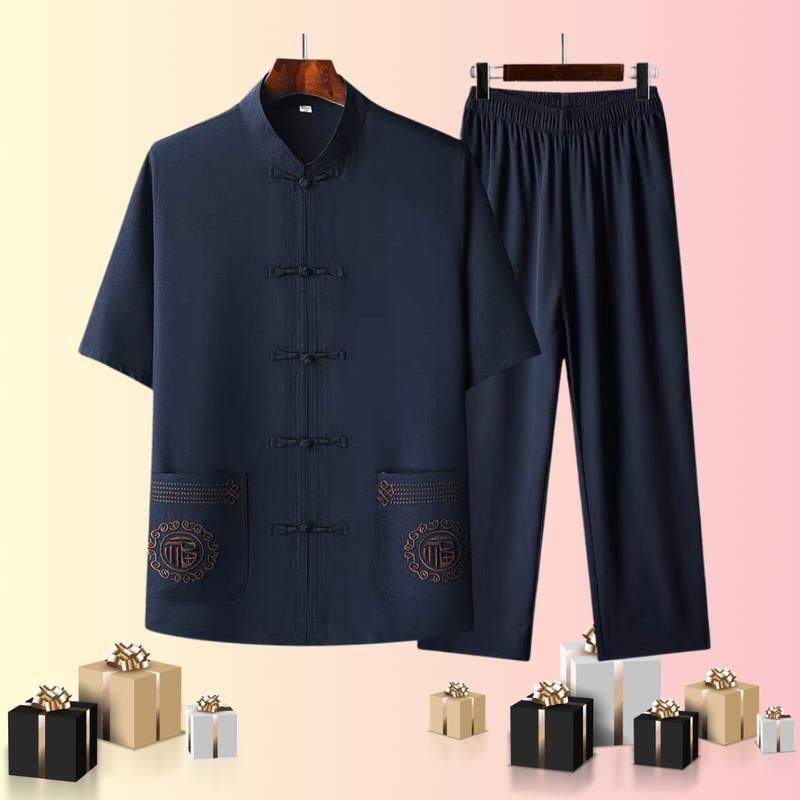 ( B4 ) Bộ đũi nam cộc tay trung niên - Bộ quần áo cổ tàu cho bố, cho ông chất đũi mộc, cộc tay thêu tỉ mỉ mặc ở nhà, đi chơi, đi lễ, đi chùa Nhung Kem cộc tay bomac di chua set đồ Jacket Menswear Dài Tay