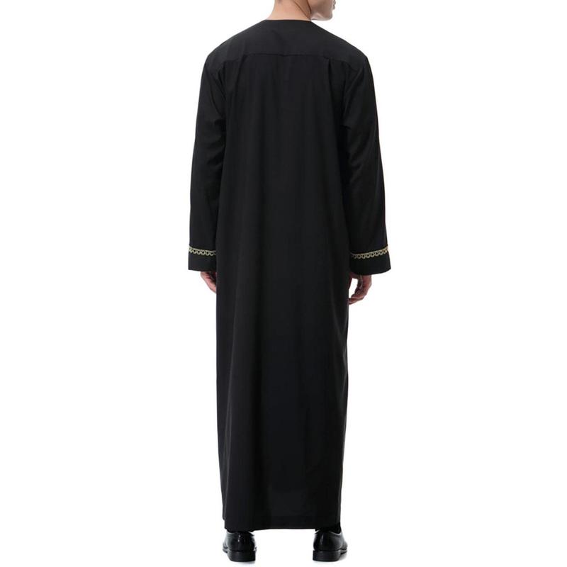 Product Introduction of Men'S Muslim Shirt Kaftan Islamic Royalty Dubai Robe O-Neck Long Sleeve Retro Tunics Abaya Arabic Traditional Costume Men'S Robe 17