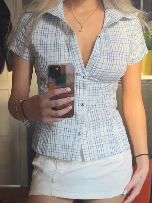Women's Plaid Blouse, Casual Slim-fitting Short Sleeve Collar Top for Summer, Women's Clothes for Daily Wear, Skinny Womenswear, Classy Tops, Clothes for Women 8