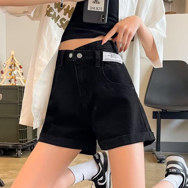Quần Short Bò Gấp Gấu Phong Cách Hàn Quốc.Quần Short Jean Ống Rộng Cá Tính_Q2 Pants Nữ Kem Women Đen Baggy
