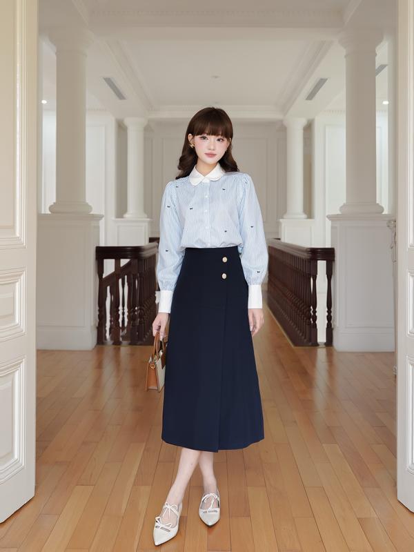 Chân váy nữ dáng A lệch tà cách điệu nhiều màu đính cúc đồng trang trí YAME YCV603