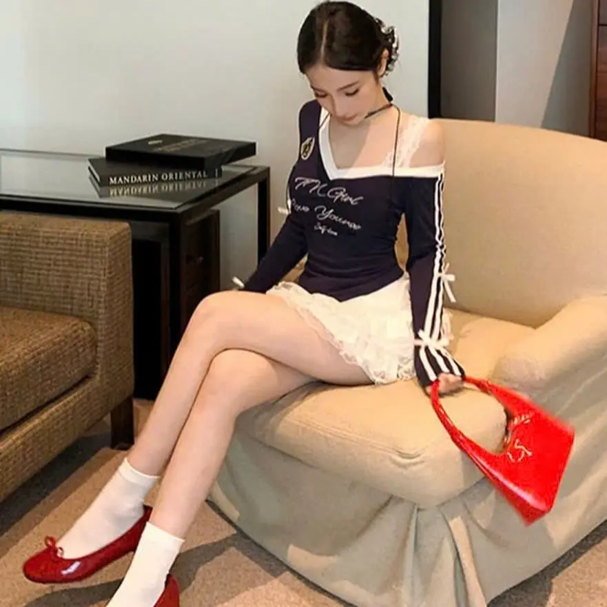 Áo Xanh 1 Bên Dây Ren Tay Sọc Viền Thắt Nơ - Set Nữ - Women Top Shirt