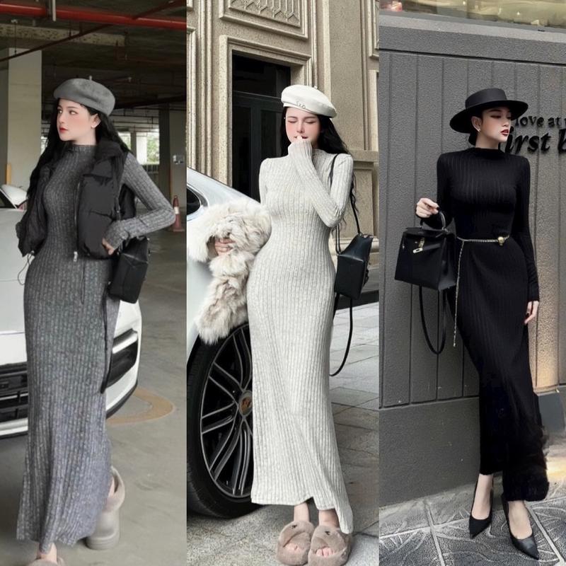  Váy Body Len Thỏ Cổ Cao Dáng Dài 1 lớp Basic Mặc Tôn Dáng Sexy Sang Chảnh Nữ 3 Màu Women Dress 