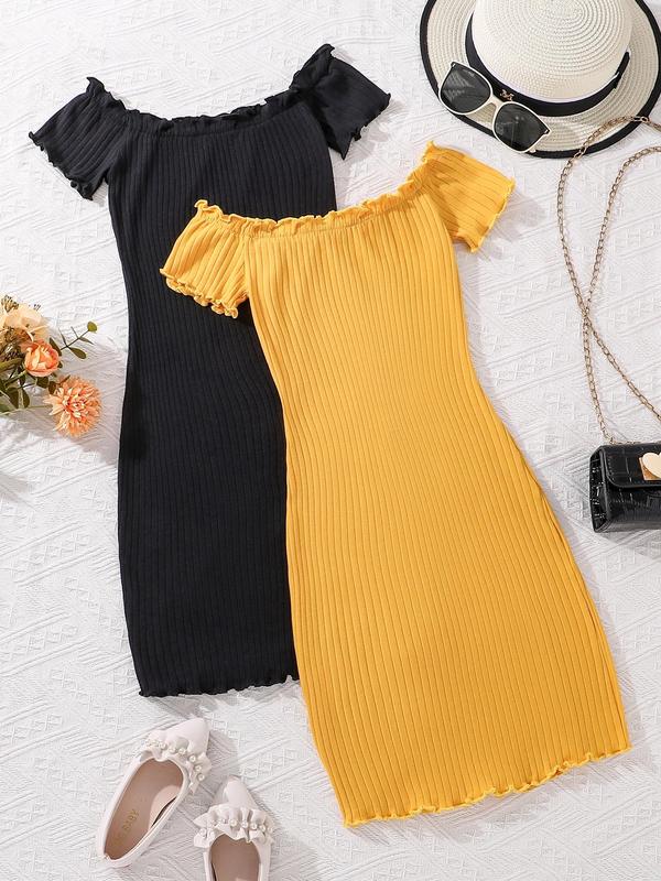 Girl's Solid Lettuce Trim Frill Trim Off Shoulder Ribbed Dress, Casual Fake Buttons  Dress for Summer, Kids Clothes for Daily Wear 1
