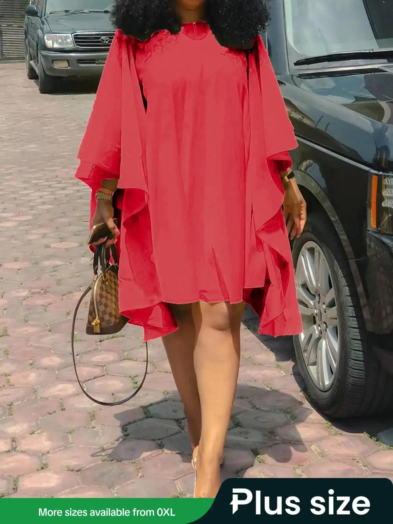 【Plus Size】 Solid Color Batwing Sleeve Dress, Casual Keyhole Back Long Sleeve Dress for Summer, Women's Plus Clothing for Daily Wear