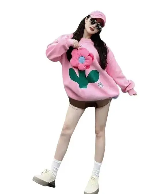 Áo nỉ nữ dài tay có bông hoa nổi dễ thương Top Hoodie