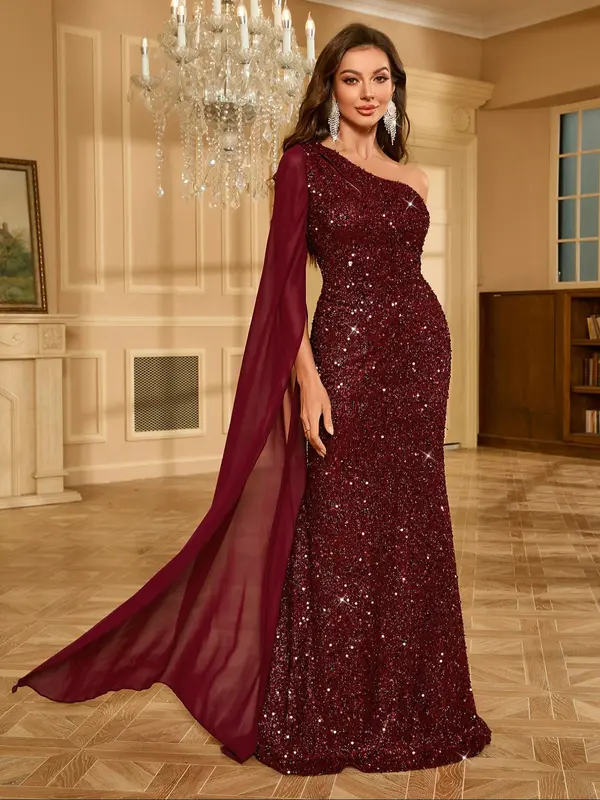 Women's Solid Glitter Sequins Cut Out One Shoulder Evening Mermaid Dress, Elegant Contrast Mesh Extra-long Sleeve  Asymmetrical Zipper Back Maxi Dress for Party Banquet, Ladies' Clothes for All Seasons 0