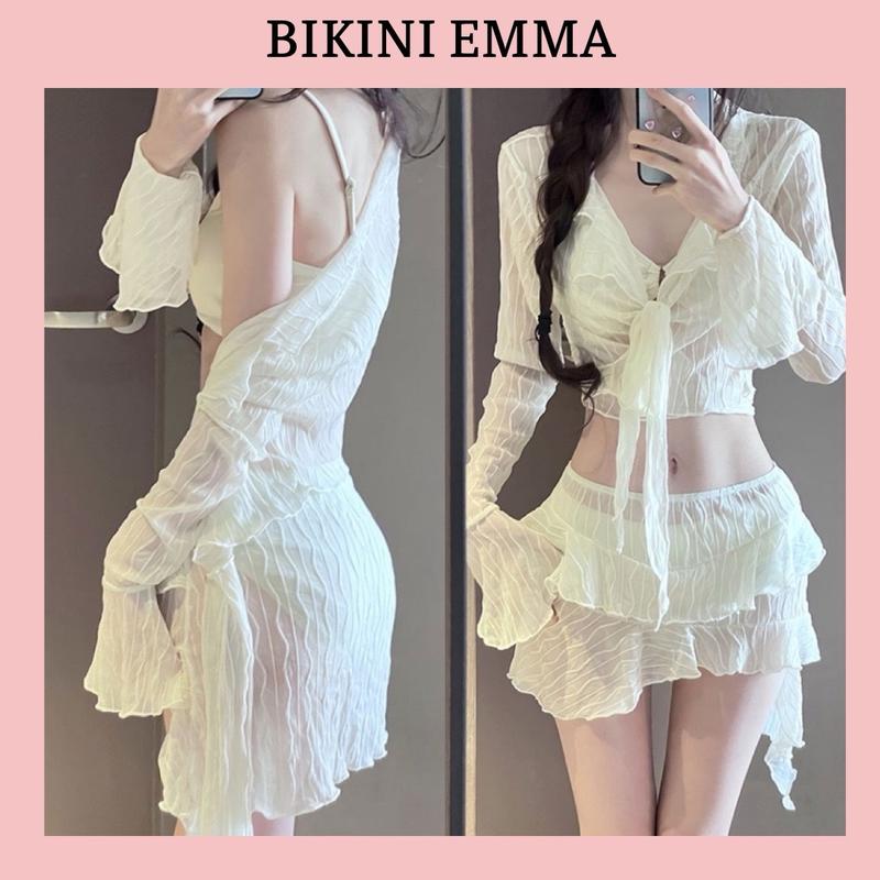 BIKINI EMMA - Bộ Bikini Đồ Bơi Gợi Cảm Ren Mềm Xuyên Thấu Gồm 4 Mảnh Áo Bikini + Quần Con + Áo Khoác + Chân Váy
