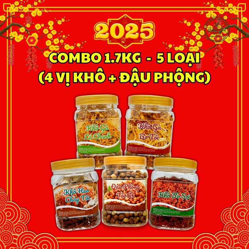 Combo 1KG7 5 Loại [4 Vị Khô Mix Vị + Đậu Phộng Tỏi Ớt / Cốt Dừa] [ 300G Khô Gà Lá Chanh+ 300G Bơ Tỏi +300G  Heo Tỏi Ớt +300G  Bò Sợi + 500G Đậu Phộng Tỏi Ớt/ Cốt Dừa]