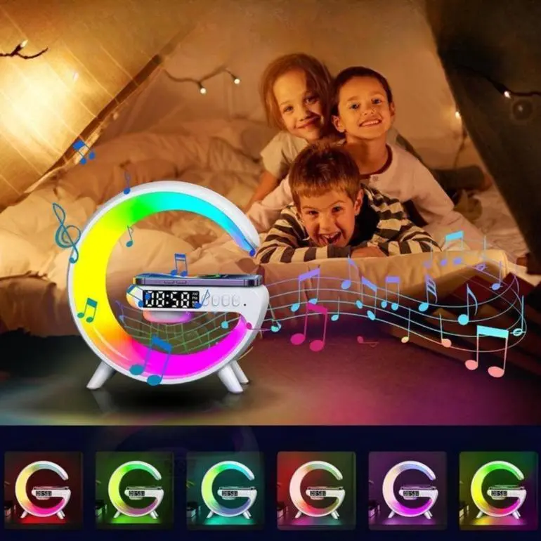 Ritm musik RGB speaker G63 Light al Speak 10W mobile wireless charger mendukung masukan AUX kartu TF Jam Led Ponsel Telepon Lighting Putih 3