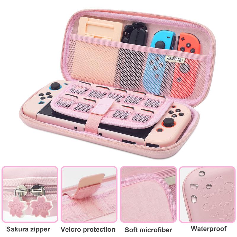 Cute Travel Carrying Case for Switch, 1 Set 10 in 1 Game Console Protective Case with Game Console Stand & Thumb Grip Caps, Console Accessories Kit 7