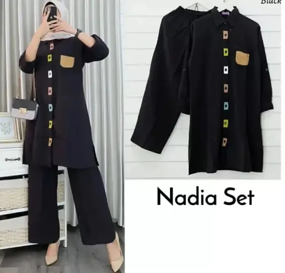 Nadia Set 2IN1 Bahan Crinkle Airflow Setelan Wanita Terbaru 2022 Lebaran Setelan Wanita Casual Viral One Set Cewek Celana Remaja Berhijab Moden Baju Atasan Blouse + Celana Panjang Import Murah Pusat Grosir Kancing Linen 2