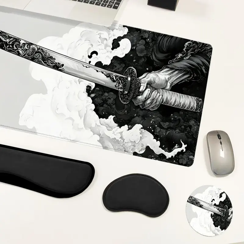 Manga Katana Pattern Mouse Pad & Keyboard Wrist Rest & Ergonomic Mouse Pad & Cup-Coaster Set, Ergonomic Wrist Support, Waterproof Computer Mat, Suitable for Home Office Gaming 3