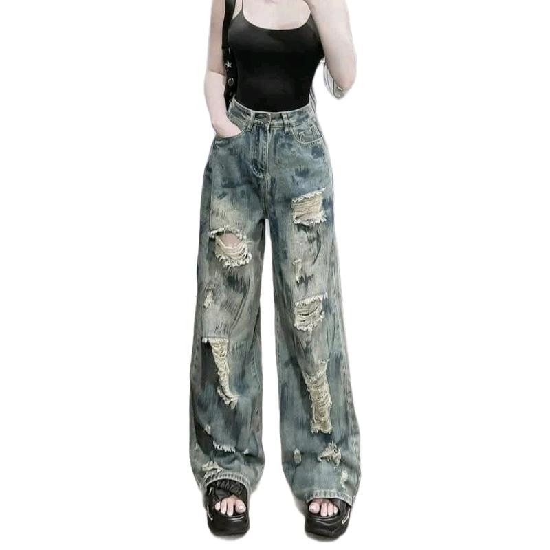 755 s-xl Quần suông nữ màu xanh loang rách trước sau hottrend Women Pants Jean Denim