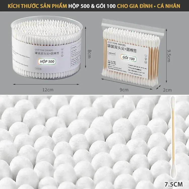 Hộp 500 Tăm Bông Thân Gỗ Tre Ngoáy Tai Người Lớn 2 Đầu Vệ Sinh Tai Đa Năng An Toàn Tiện Lợi - Hộp Tròn 3