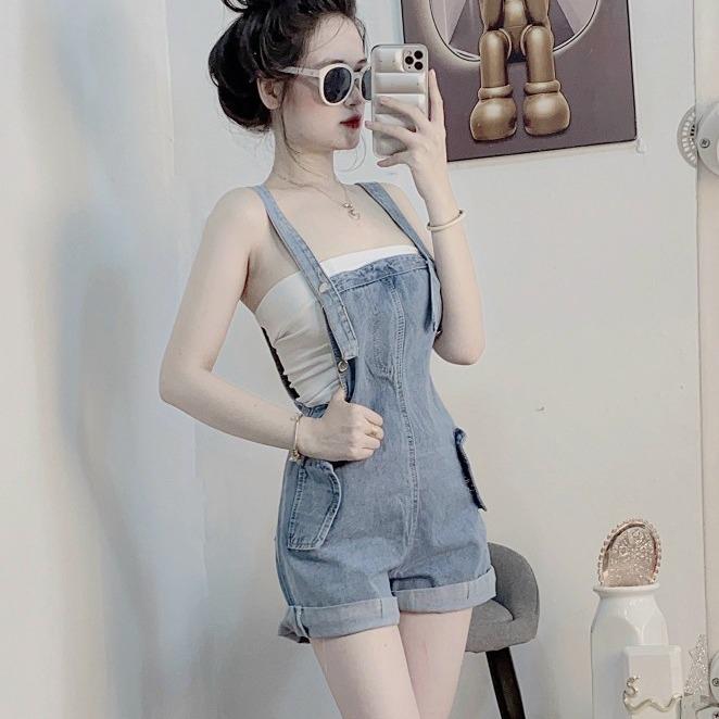 Yếm jean nữ, Quần yếm jean short nữ phối 2 túi trước siêu đẹp, chữ thêu rách nhẹ mẫu mới quang vinh store 00012 Women