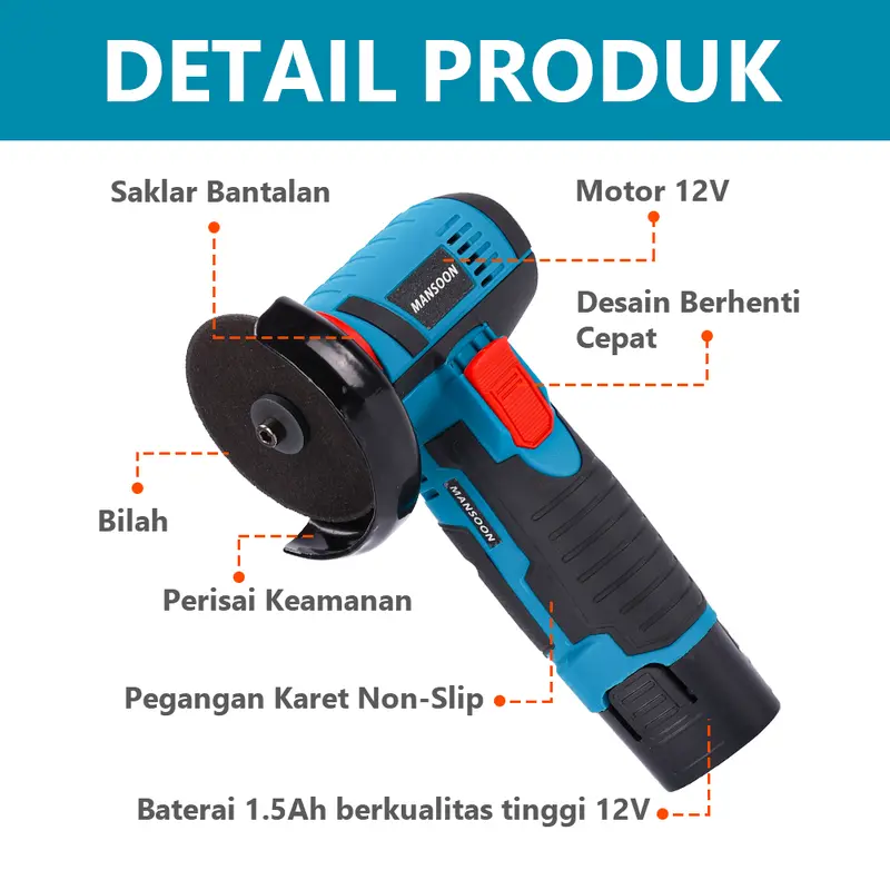 MANSOON Gerinda Sudut Mini 3'' Mesin Gerinda Tangan Alat Pemotong Alat Listrik Penggiling Sudut Nirkabel Angle Grinder 5