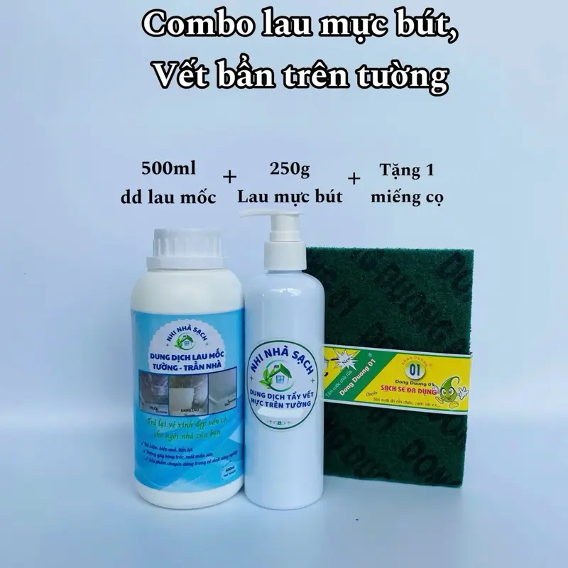 Combo Lau Mực Bút, Vết Bẩn Trên Tường Nhà ( Chai tẩy mốc 500ml + 250g tẩy mực + 1 ráp chà)