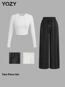 YOZY Women's Solid Seam Detail Crop Top & Drawstring Waist Wide Leg Pants Two-Piece Set, Casual Cozy Round Neck Long Sleeve Top & Trousers for Daily, Valentine's Day Outfit