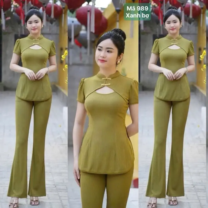 Sét bộ cổ xẩm Quần Dài ống loe vải thun gấm hàn loại 1, thun co giãn 4 chiều , tôn dáng. Mẫu về 3 size từ 40 đến 70kg ( Size M XL XXl ). 1