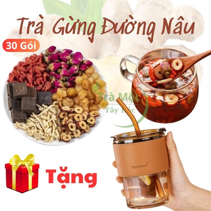 Hộp 30 gói Trà Gừng Đường Nâu Tặng CỐC BỌC DA Thảo Mộc giảm đau bụng kinh,ấm tử cung bổ máu giữ ấm cơ thể - Trà Mộc Tây Bắc