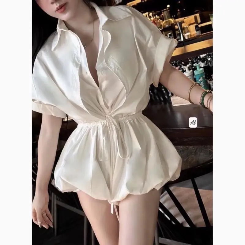 ￼Jumpsuit sơ mi trắng tùng bồng có quần bảo hộ , Đầm sơ mi kiểu nữa bo chun eo có dây buộc cao cấp [SẴN] DH STUDIO 8
