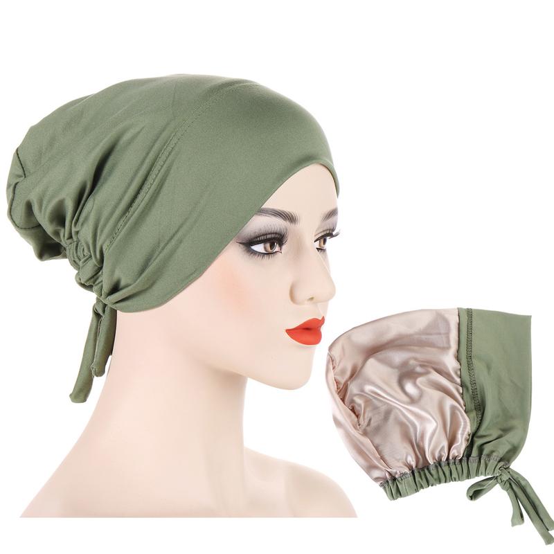 Instant Hijab Muslim Tudung Inner Hijab New Multi-color Satin Cloth Drawstring Pullover Cap Base Cap Strap Tether Cap 6