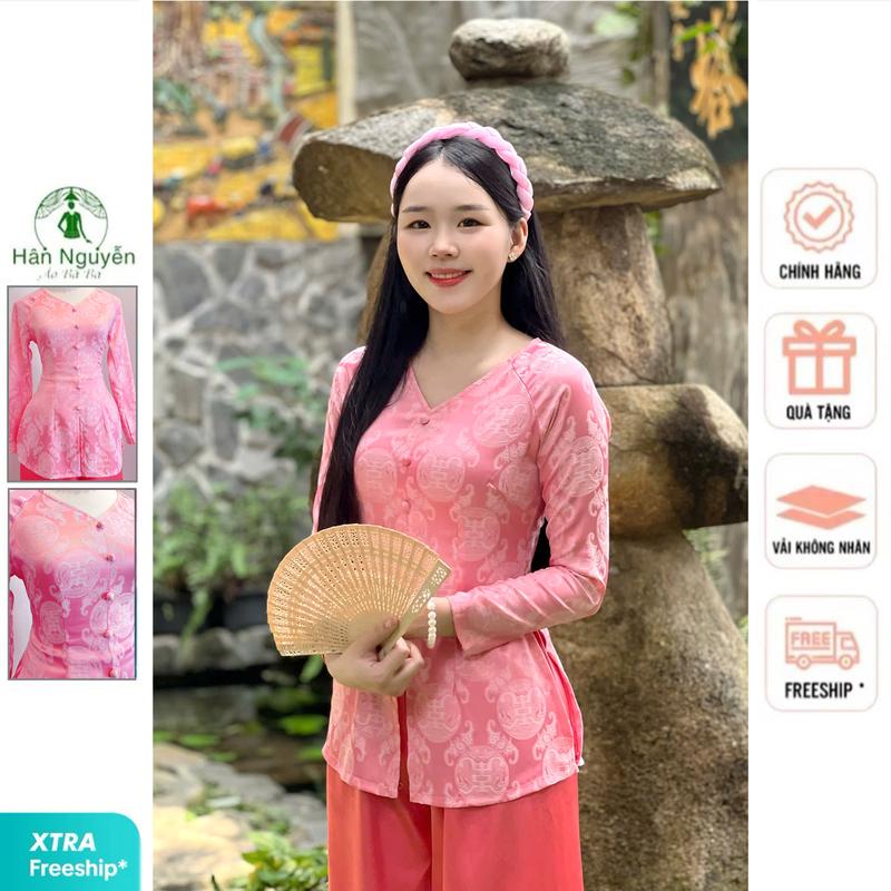 Hân Nguyễn Áo Bà Ba - B.A123 - Áo Bà Ba Gấm Tơ Tứ Hỷ Nút Nụ Cổ Tim Dây Kéo Nữ Top Women Kem Cổ Tròn Sơ Mi Shirt