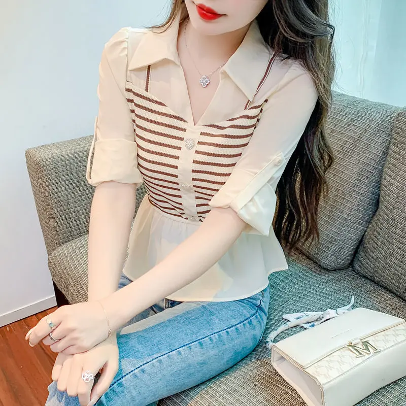 Áo Sơ Mi Mùa Xuân Cho Nữ, Thời Trang, Phong Cách, Phổ Biến, Đầu Xuân Mới 2024, Áo Sơ Mi Nhỏ Đẹp, Thanh Lịch, Bó Eo, Áo Giả Hai Lớp Women Top Voi Shirt Tim Voan