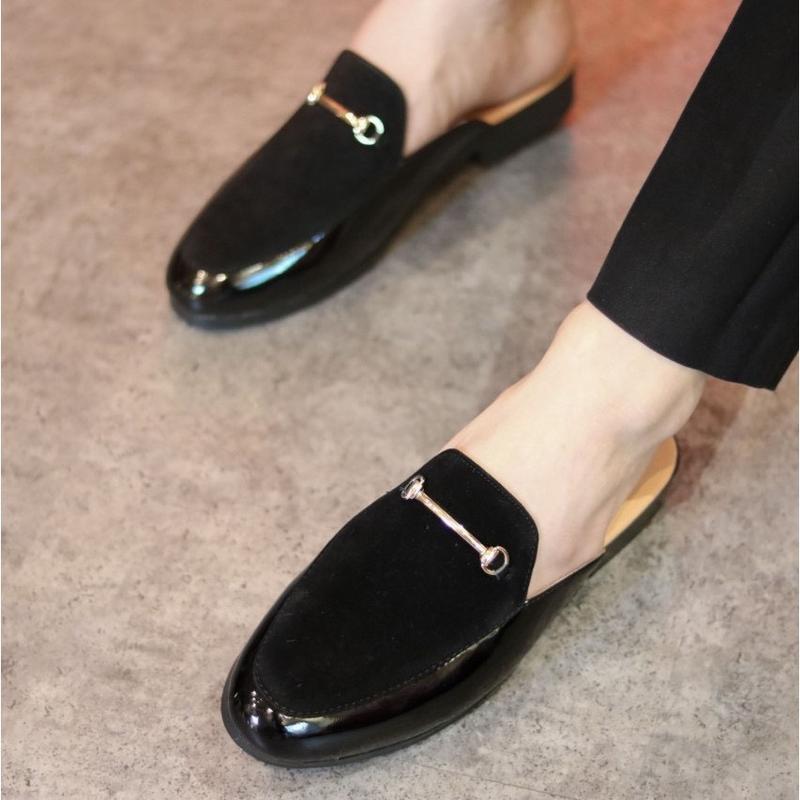 Giày tây sục, giày tây hở gót nam da bóng phối nhung