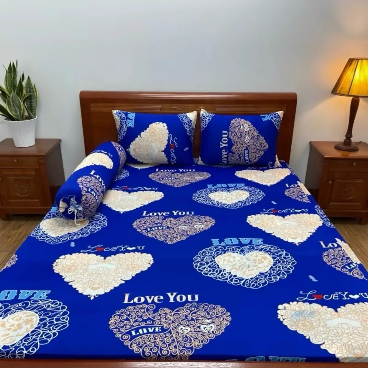 Bộ ga giường thun lạnh trái tim màu xanh