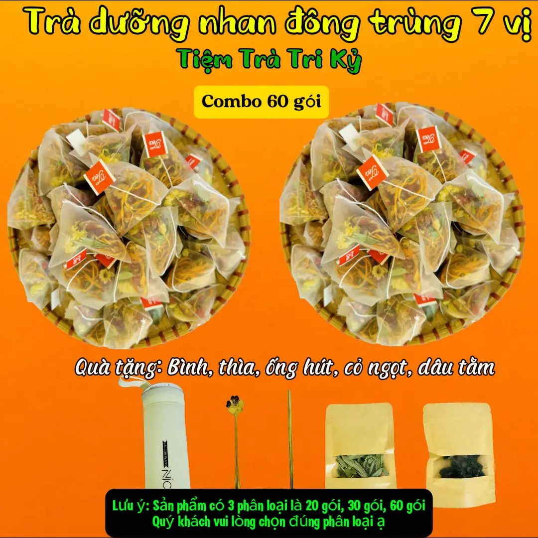 Trà dưỡng nhan đông trùng 7 vị - Tiệm Trà Tri Kỷ - Thành Phần: Nấm đông trùng hạ thảo, táo đỏ, kỷ tử, nụ hồng, hoa nhài, hoa cúc, cỏ ngọt Nước Trà Chè Tea Chua Sen Hoa Sen