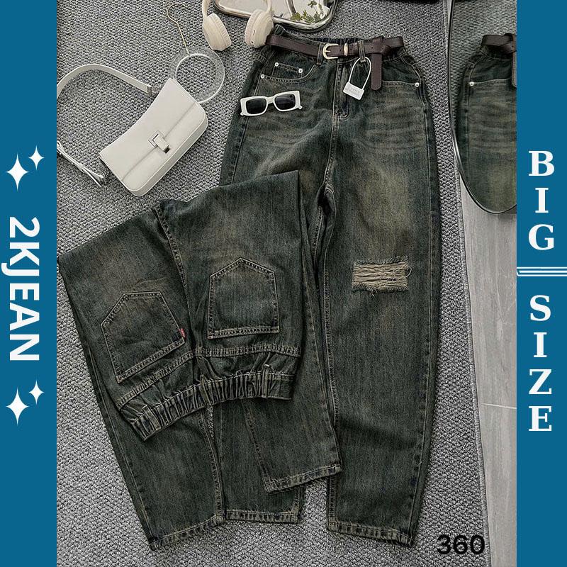 Quần baggy jean nữ lưng thun Bigsize 55kg-90kg hàng QC, kiểu dáng rách gối QC360 2KJeans
