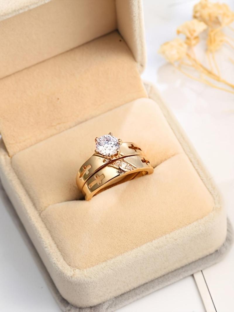 Product Introduction of Luxury Elegant Rhinestone Inlaid Promise Couples Ring, Fashion Cross Decor Accessories for Wedding Party, Engagement Jewelry Accessories for Women & Men, without Box, Valentine's Day, Gift 5