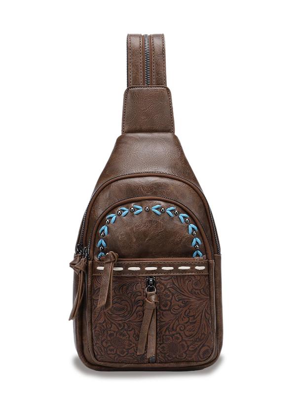 Boho Style PU Leather Chest Bag, Fashionable Floral Pattern Embossed Backpack with Adjustable Strap, Casual Trendy Versatile High-quality Daily Commuting Bag 6
