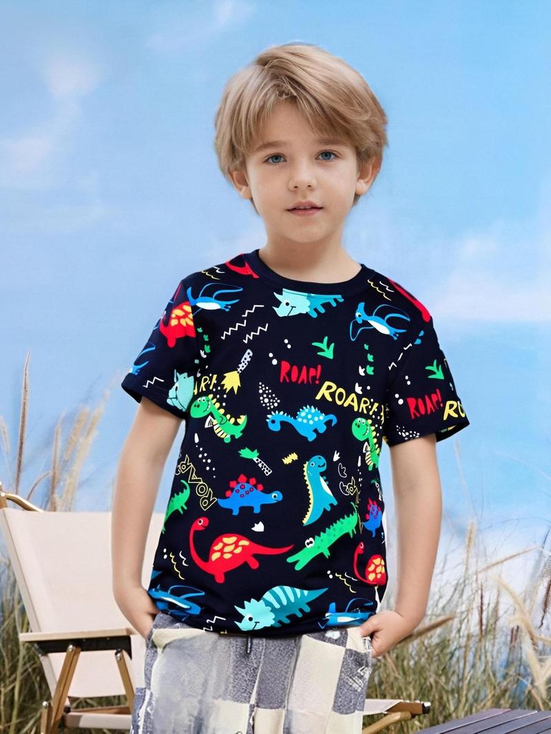 Product Introduction of Boy's Cartoon Dinosaur Print Round Neck Tee, Cute Casual Short Sleeve T-shirt for Daily Wear, Kids Clothing for All Seasons 2