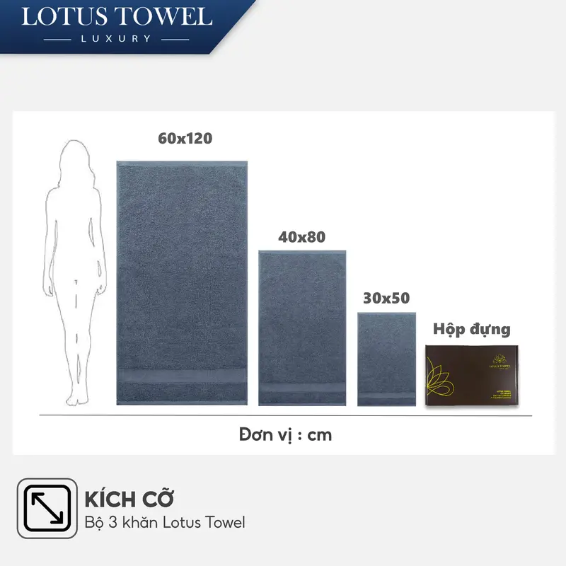 Bộ 3 Khăn ( Khăn Tắm, khăn Gội, Lau mặt) lotustowel Làm Từ Sợi Cotton Cao Cấp, Mềm Mịm, Thấm Hút, Không Ra Màu Dùng cho Nhà Tắm, Spa, Khách sạn, Resort 1